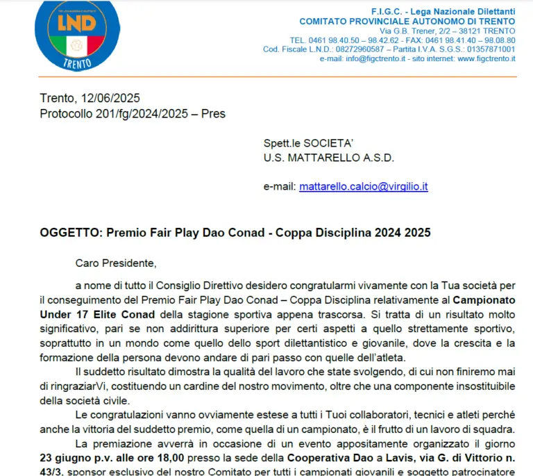 Agli U17 Mattarello il premio Fair Play Dao